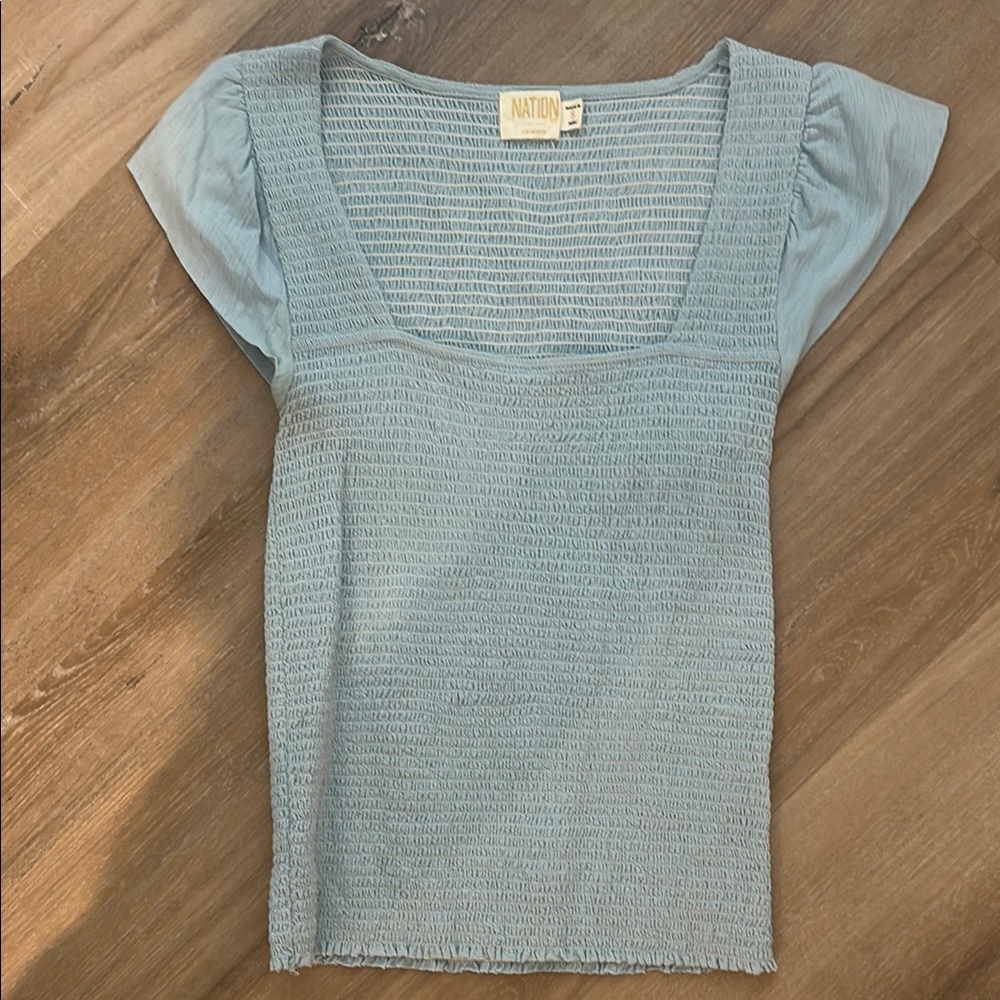 Nation LTD Powder Blue Smocked Square Neck ruffle-Sleeve Top